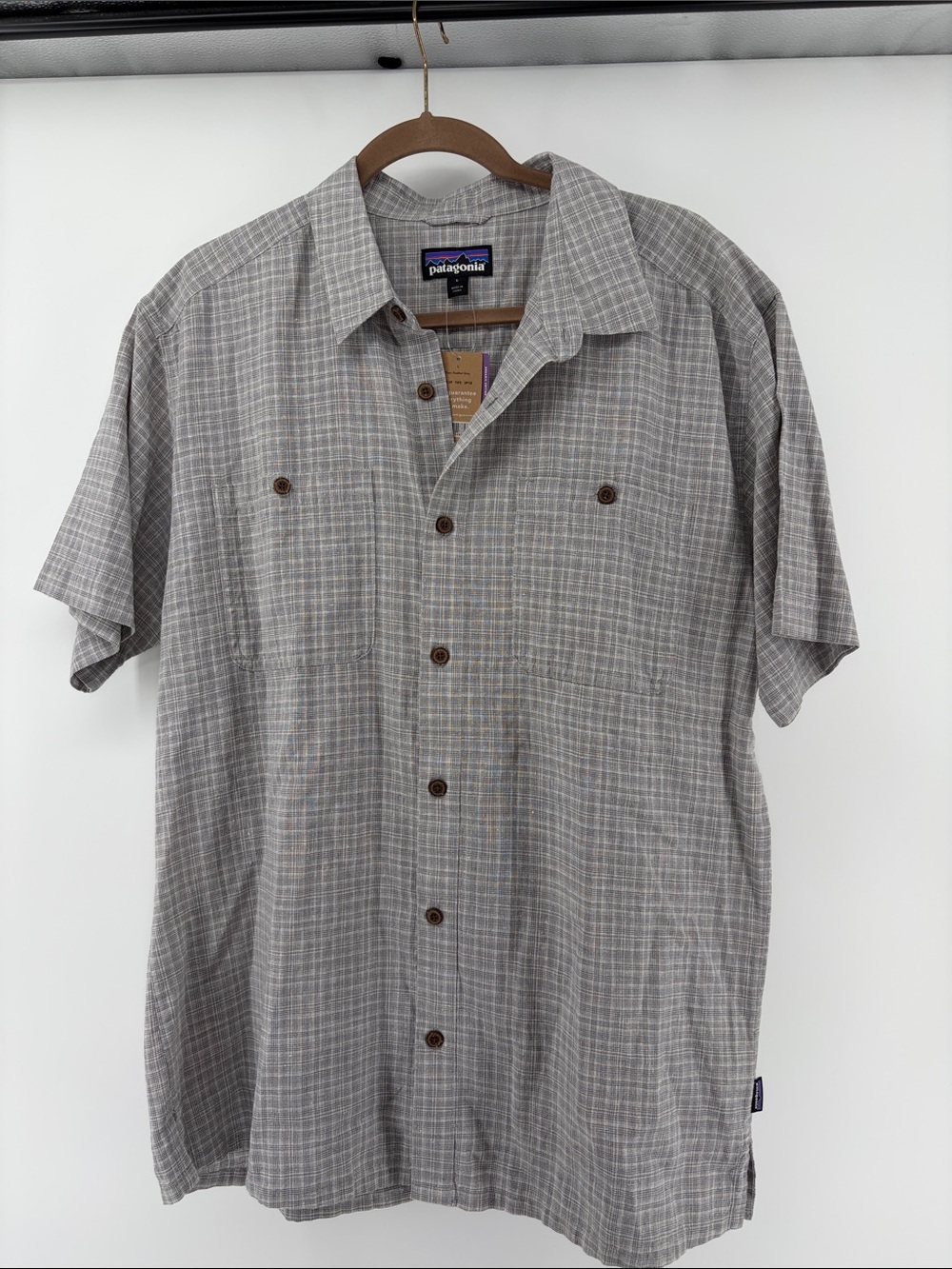 NWT Patagonia Tife Grey Plaid Short-Sleeve Button-Down Shirt Hemp Cotton Sz L